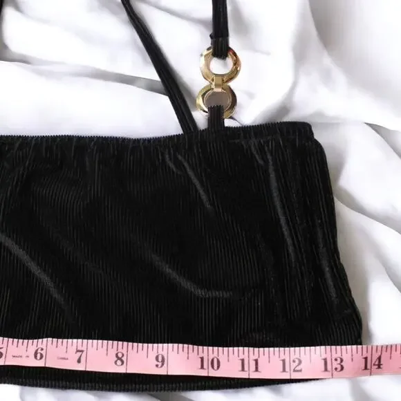 Boohoo Black Ribbed Velour Spaghetti Straps Bandeau Crop Top ~ size 8, Pre-loved - Picture 6 of 10